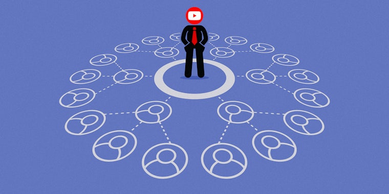 Man in business suit with YouTube logo for head stands in a circle connected to user icons, which are connected to further tiers of user icons