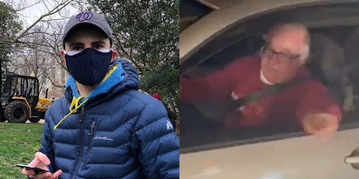 Zachary Petrizzo holding phone (l) man pointing out driver's side window of car (R)