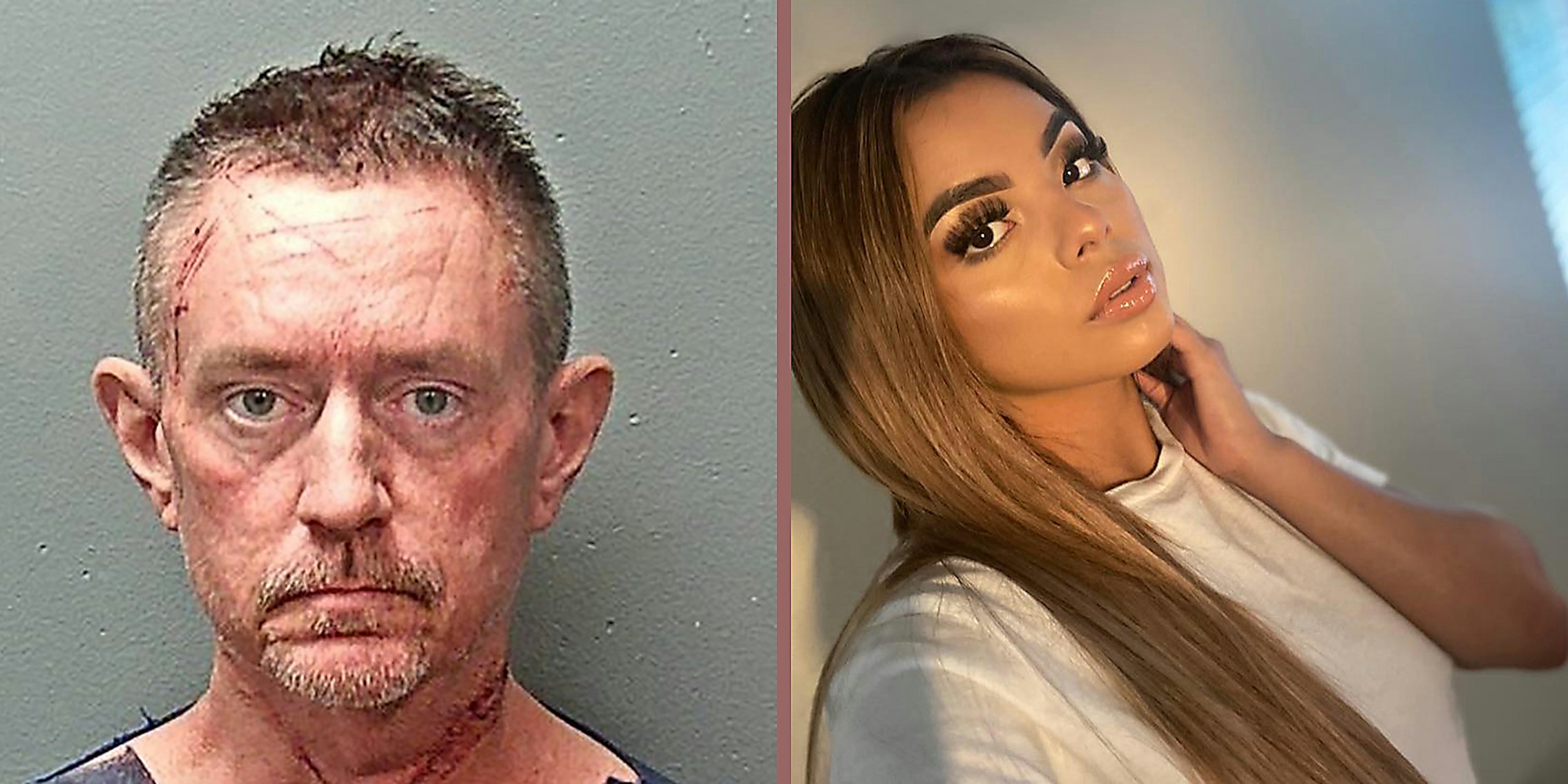 A man in prison looking into camera (L) and a woman posing for the camera (R).