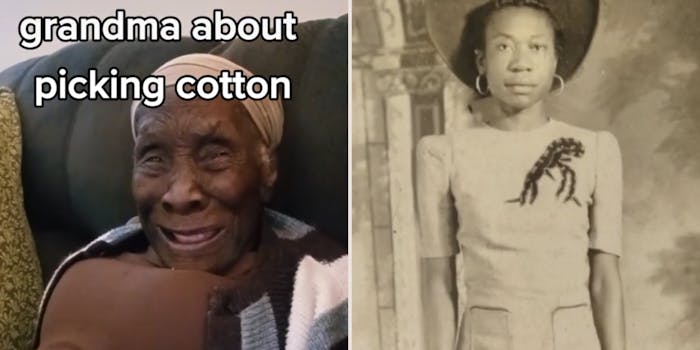 right: Black grandma remembers picking cotton; left: grandma Madie as a young woman
