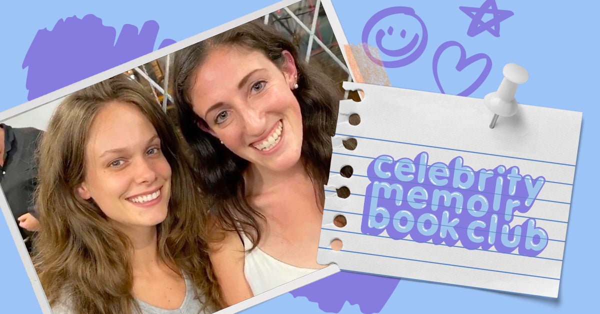 two women smiling in a photgraph, a piece of paper that says celebrity memoir book club