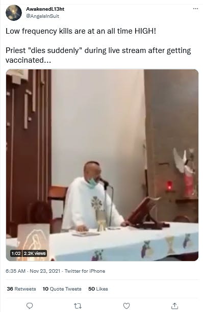 A tweet about footage of a priest collapsing that has been used as part of a conspiracy theory about the COVID vaccine.