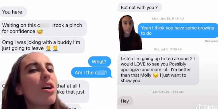 Screenshots show a man referring to Molly Hair as 'cunt' and then persistently pursuing her despite her rejecting him repeatedly