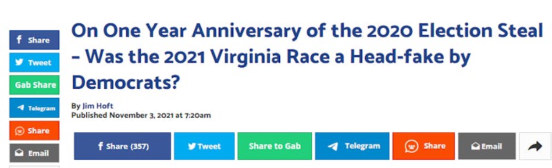 A Gateway Pundit headline questioning if the Virginia election win by Glenn Youngkin was a 'head-fake.'