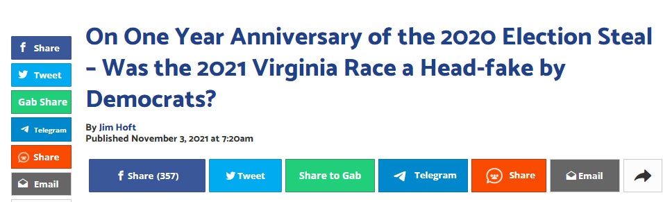 A Gateway Pundit headline questioning if the Virginia election win by Glenn Youngkin was a 'head-fake.'