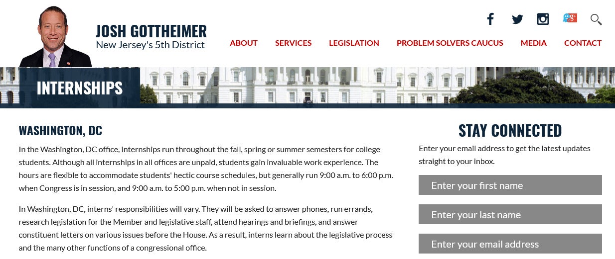 An ad on Rep. Josh Gottheimer website offering an unpaid internship.