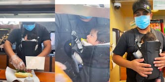 Subway employee works with baby during shift