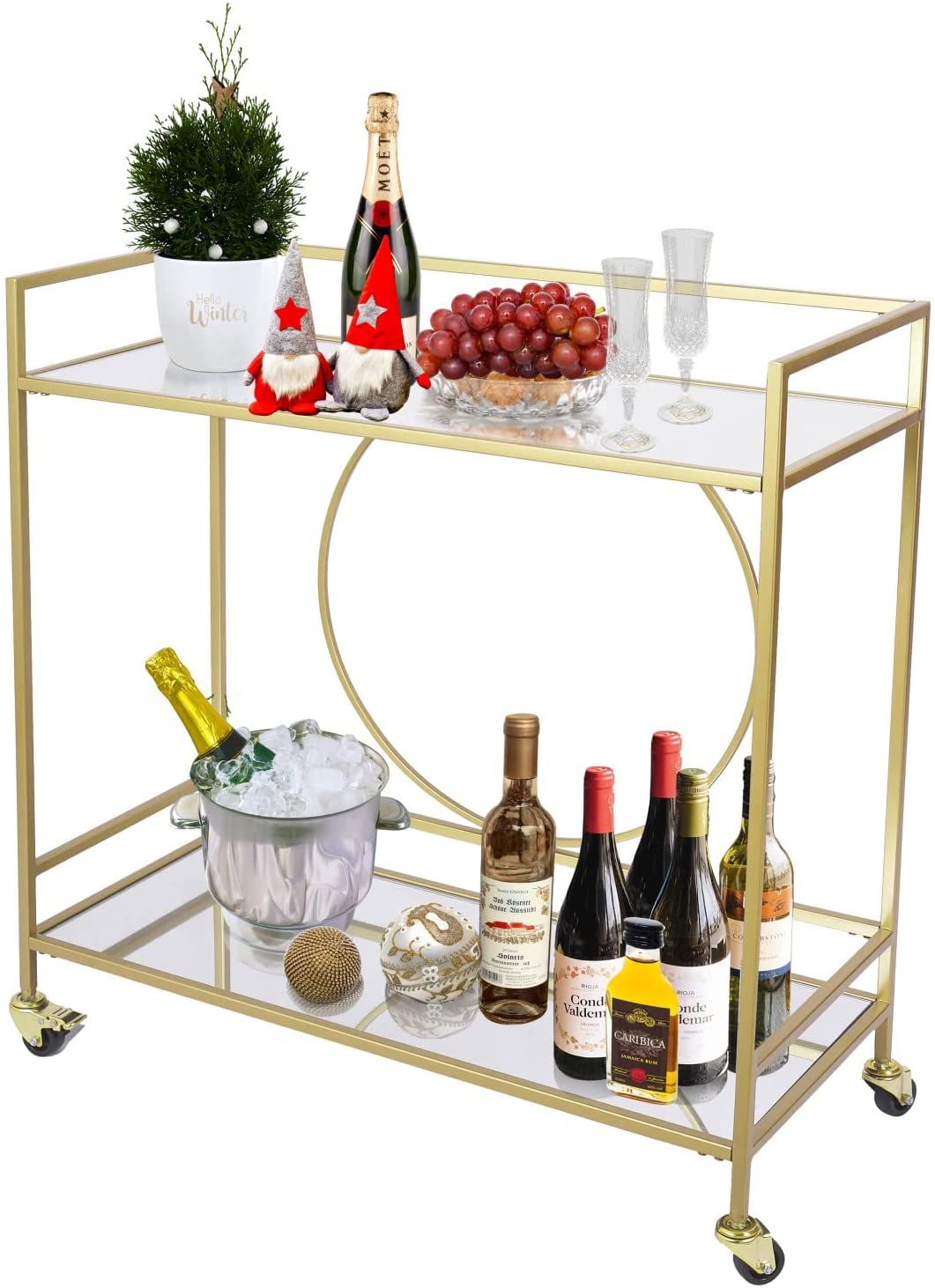 Large gold rolling bar cart