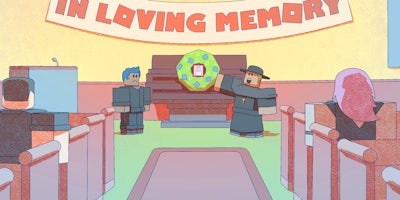 Roblox figures at a casket with a funeral wreath and a banner reading 'In loving memory'