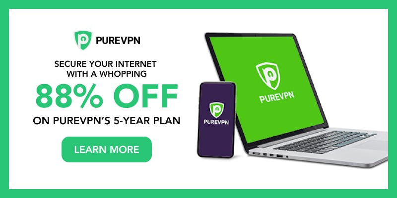PureVPN. Sevure your internet with a whopping 88% off on PureVPN's 5 year Plan. Click to learn more. 