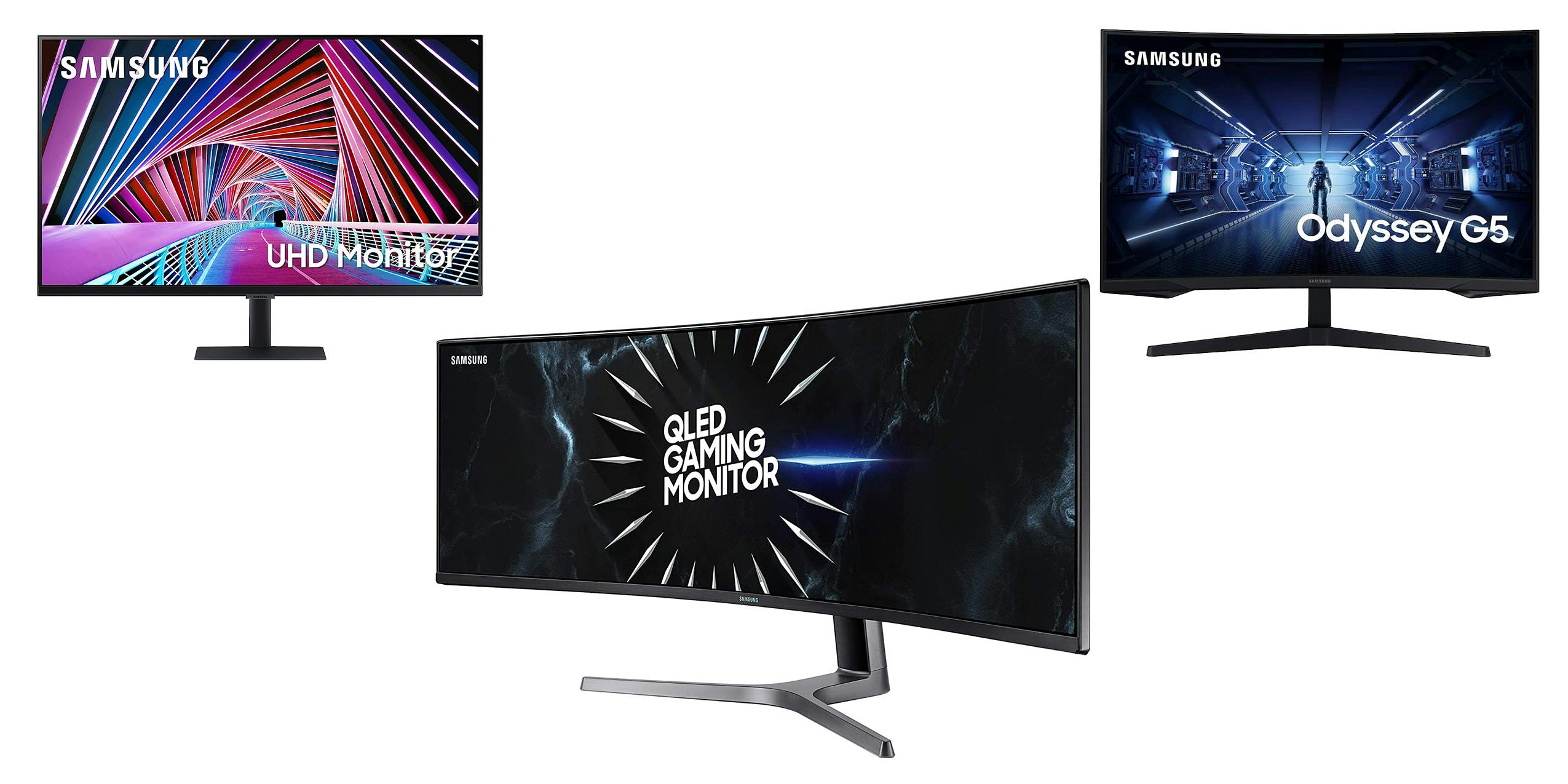A selection of Samsung gaming monitors including Odyssey G5 and QLED models.