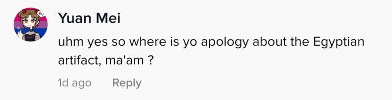 uhh yes so where is your apology about the Egyptian artefact ma'am?