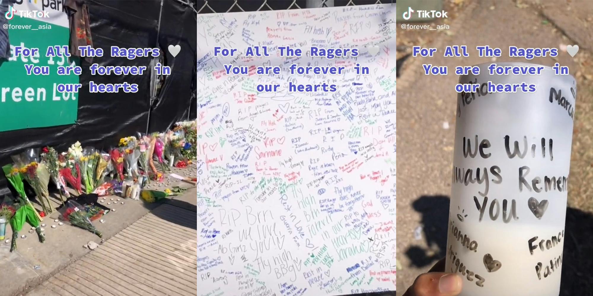 astroworld memorial (l) poster with names (c) candle with "We will always remember you" written on it with names (r) all with caption "For All The Ragers You are forever in our hearts"
