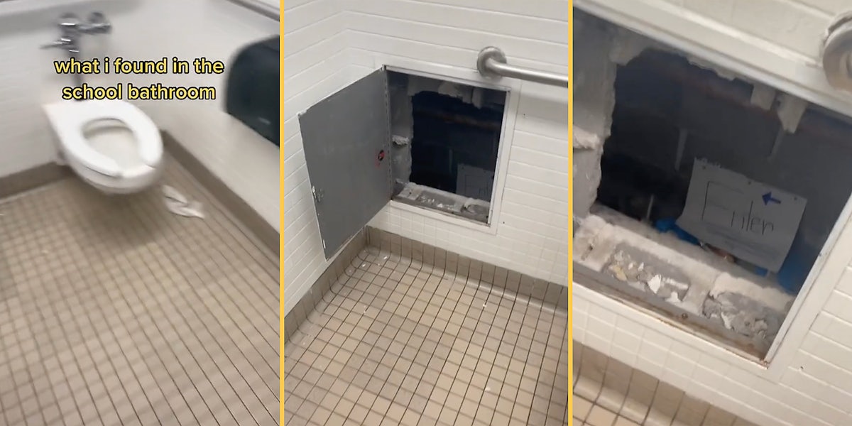 A hole in a bathroom stall.