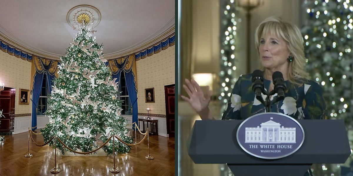 A Christmas tree (L) and Jill Biden (R).