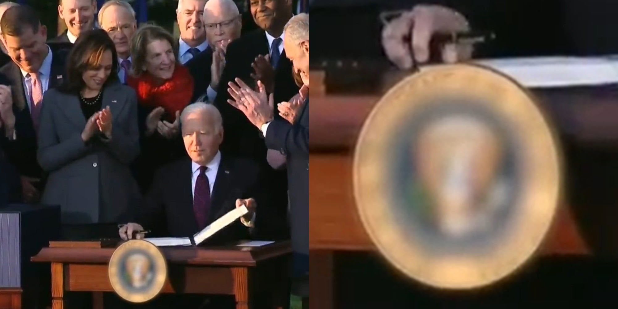 people surrounding joe biden and kamala harris (l) blurry presidential seal (r)