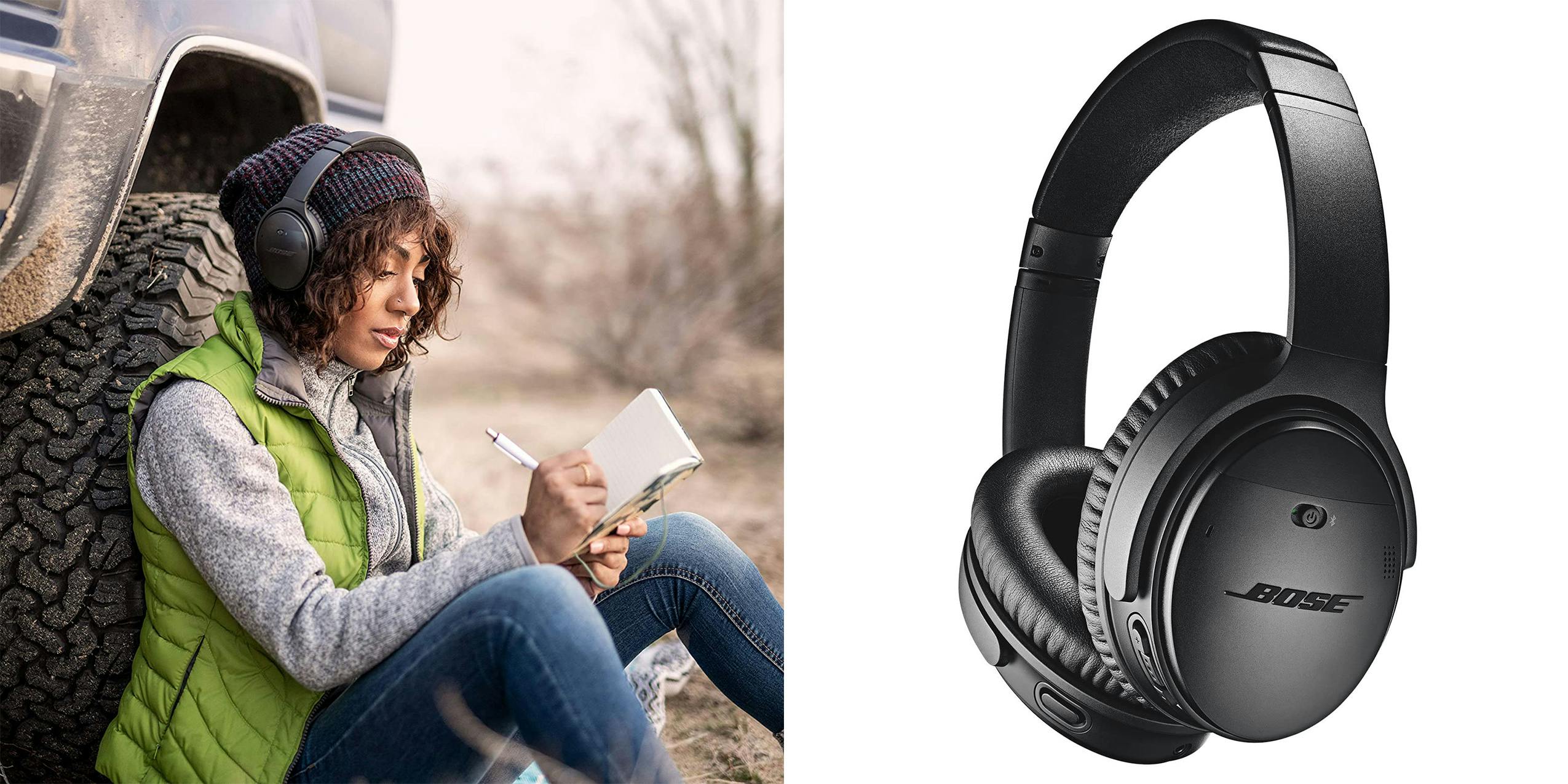 A woman wearing Bose QuietComfort headphones while writing in a notebook.