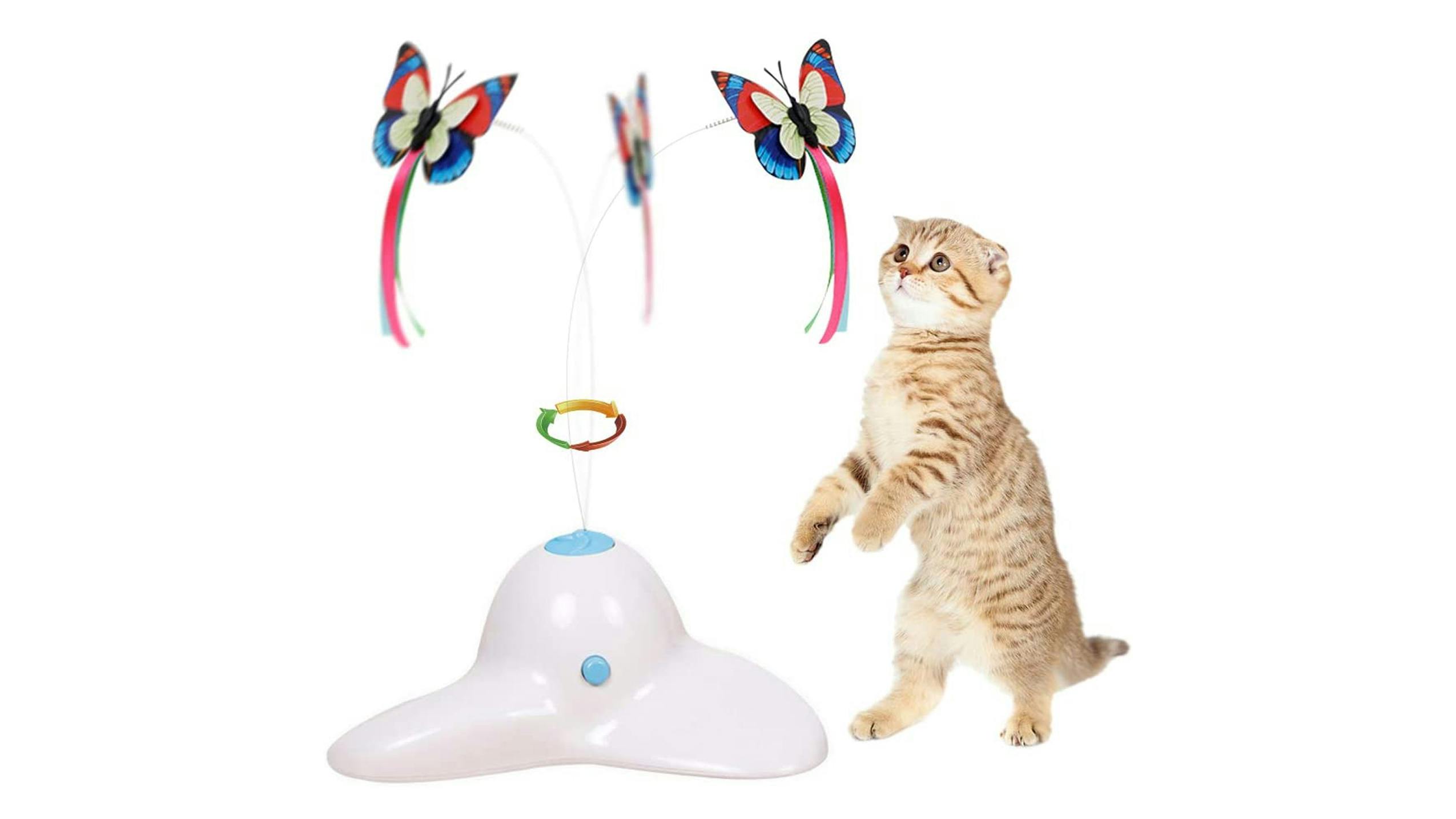 A cat playing with a butterfly cat toy, an adorable gift for pet owners