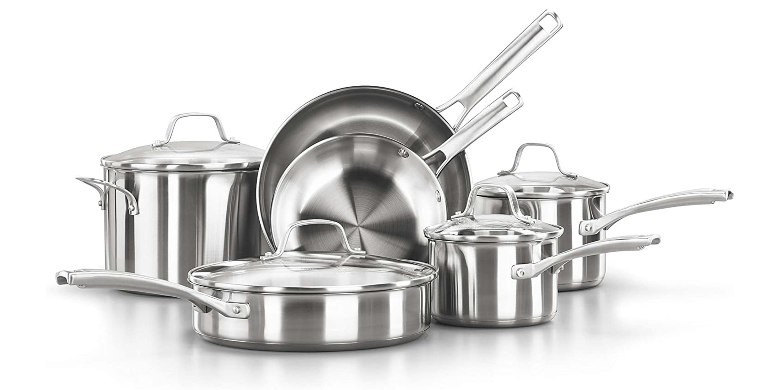 An 11-piece Calphalon stainless steel cookware set.