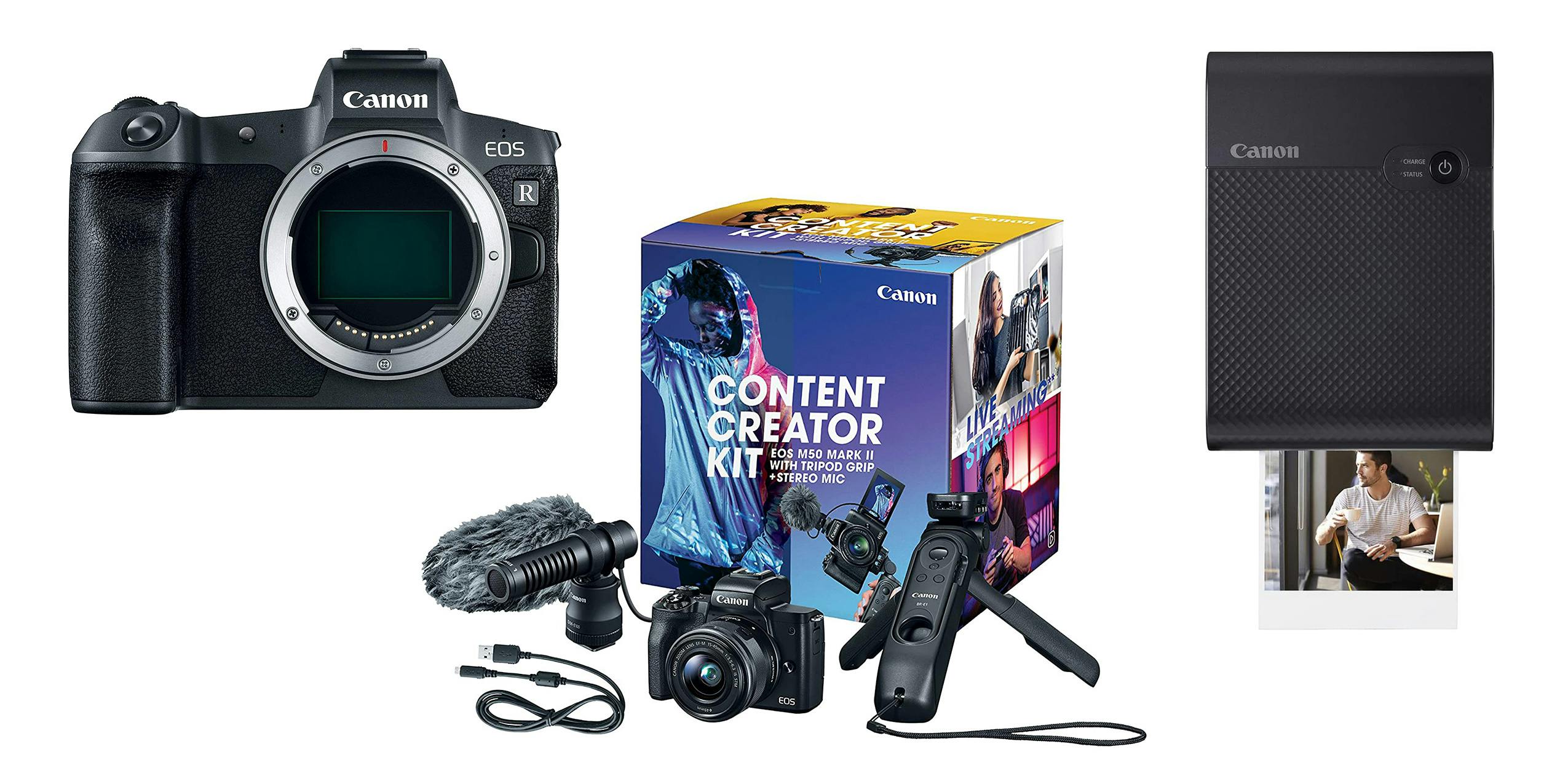 A collection of popular Canon products including EOS camera and Content Creator Kit.