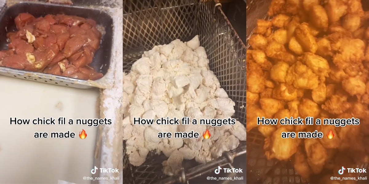Chicken (l) breaded chicken (c) fried chicken (r) with caption 'How chick fil a nuggets are made'
