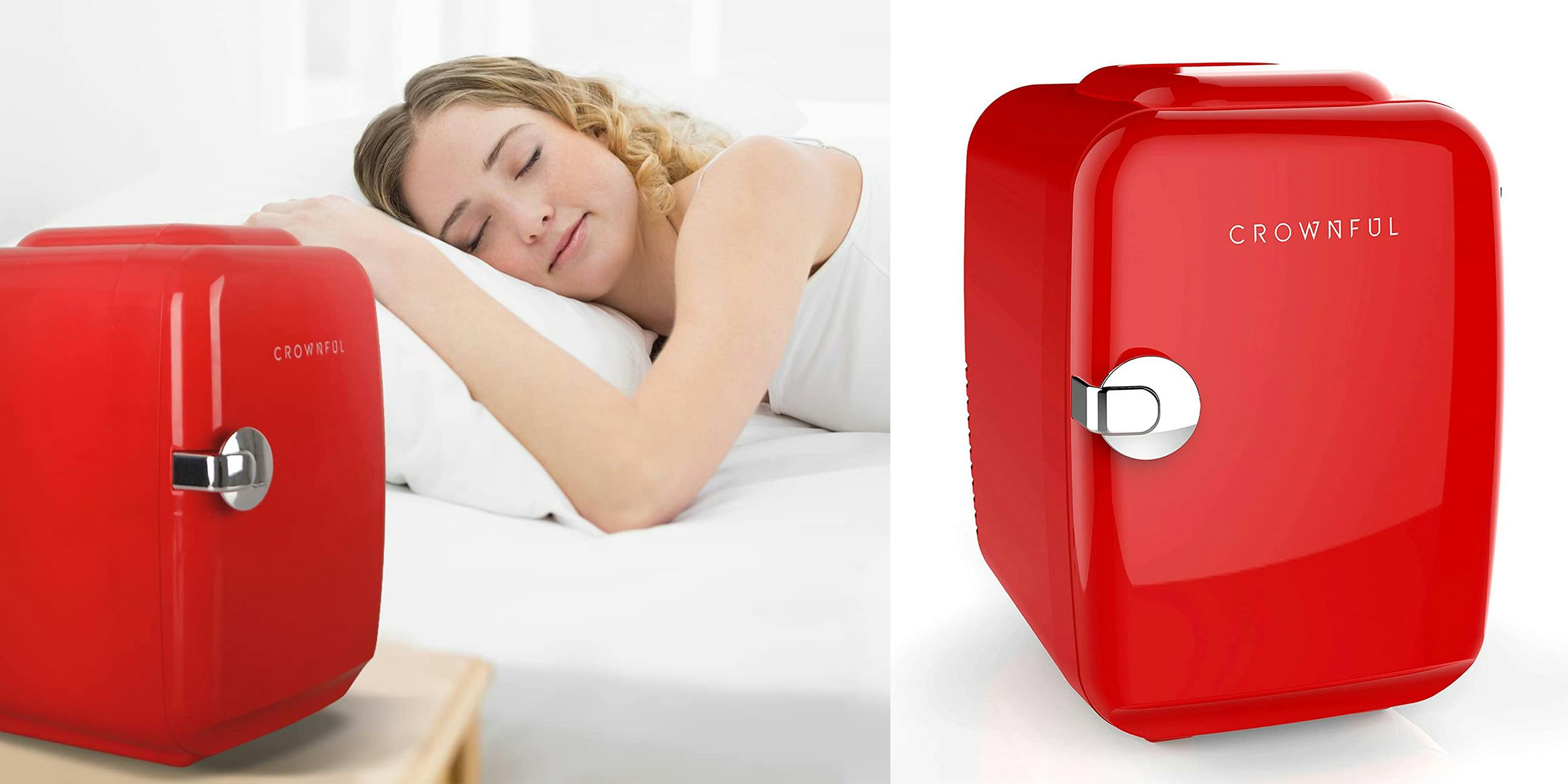 A woman laying next to her bedside Crownful Mini Fridge.