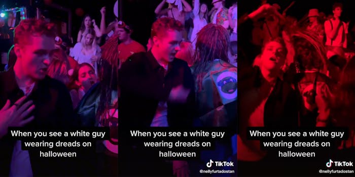 man pulling off dreadlock wig with caption "When you see a white guy wearing dreads on halloween"