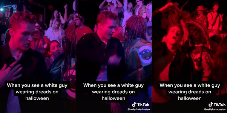 man pulling off dreadlock wig with caption 'When you see a white guy wearing dreads on halloween'