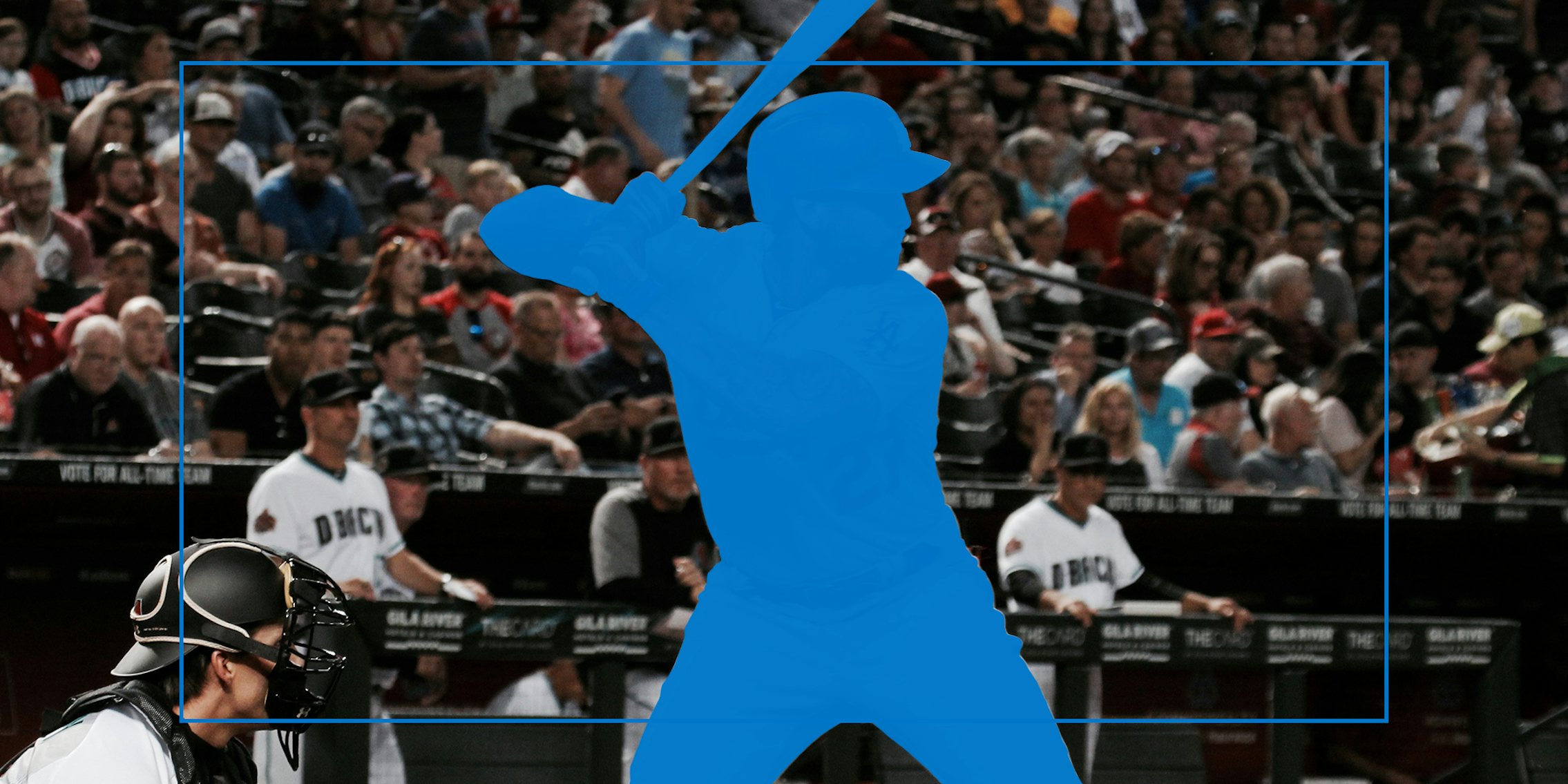 blue silhouette of man at bat in baseball stadium