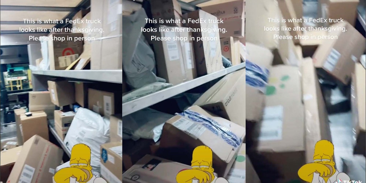 In a TikTok, a Fedex employee shows what his truck looks like after Thanksgiving holiday shopping.