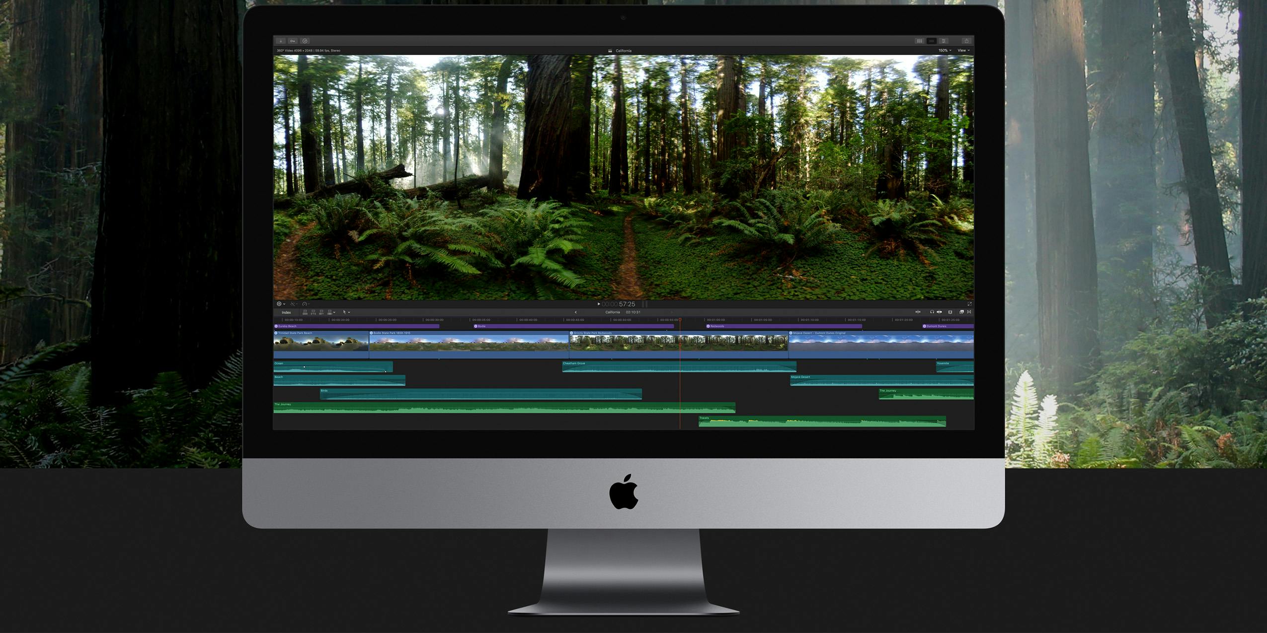 Final Cut Pro being used to edit nature videos and audio.