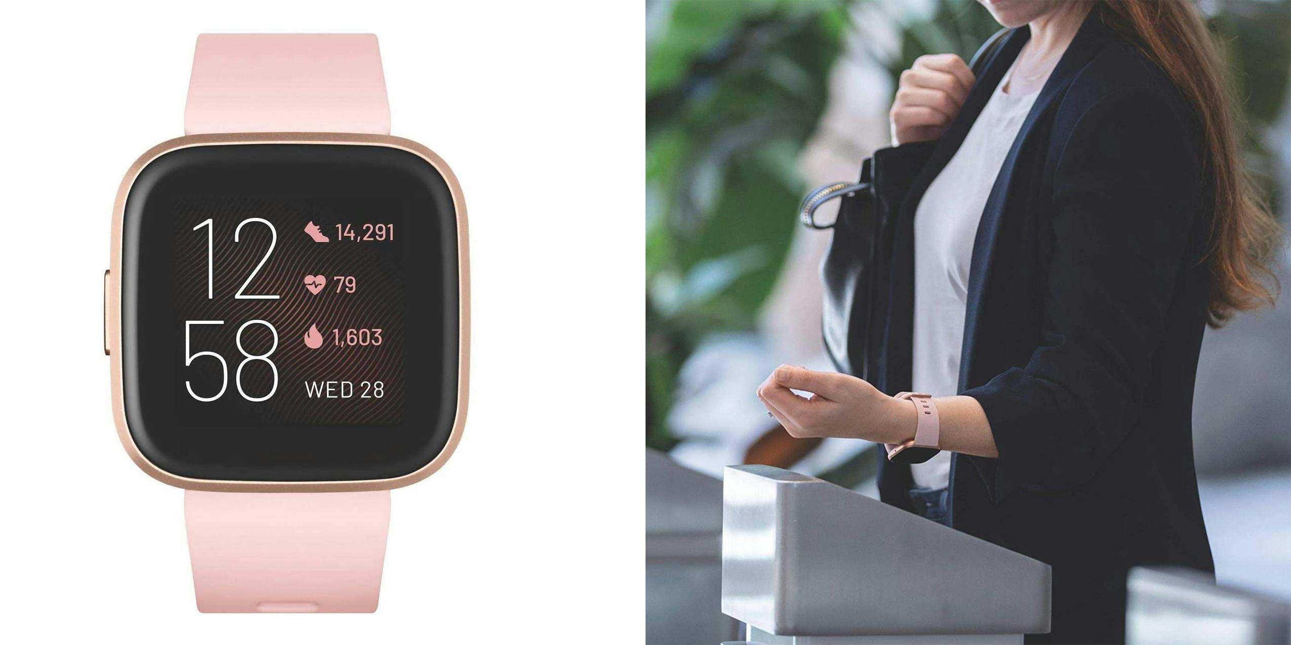 A pink Fit Bit Versa 2 along with a woman wearing it on her wrist.