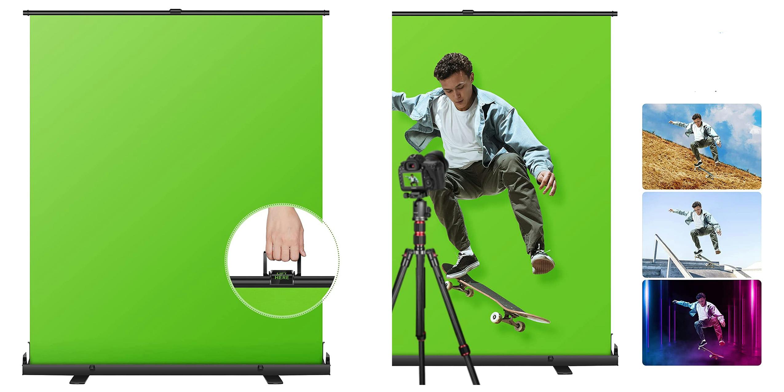 Collapsible green screen along with examples of how to use it.