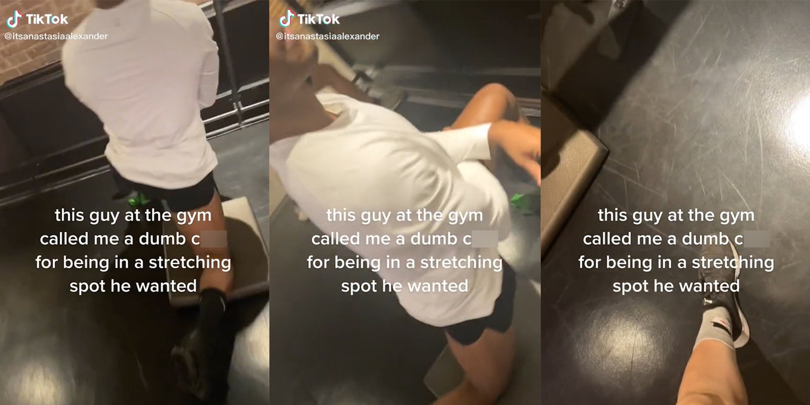 woman confronts man at gym with caption 'this guy at the gym called me a dumb cunt for being in a stretching spot he wanted'