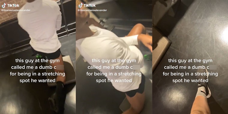 woman confronts man at gym with caption 'this guy at the gym called me a dumb cunt for being in a stretching spot he wanted'