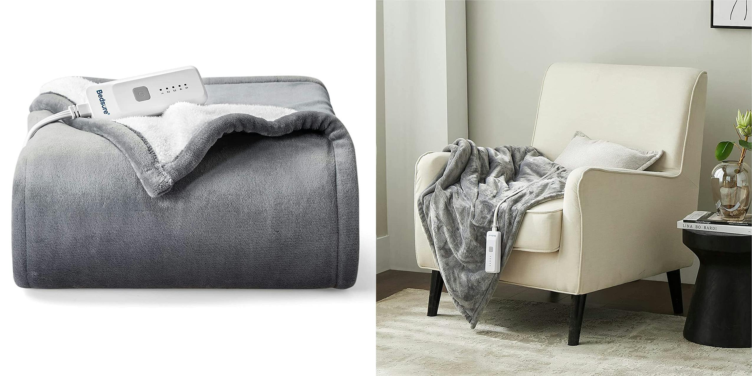 A Sherpa heated blanket draped over a piece of furniture, one of the coziest gift ideas for mom