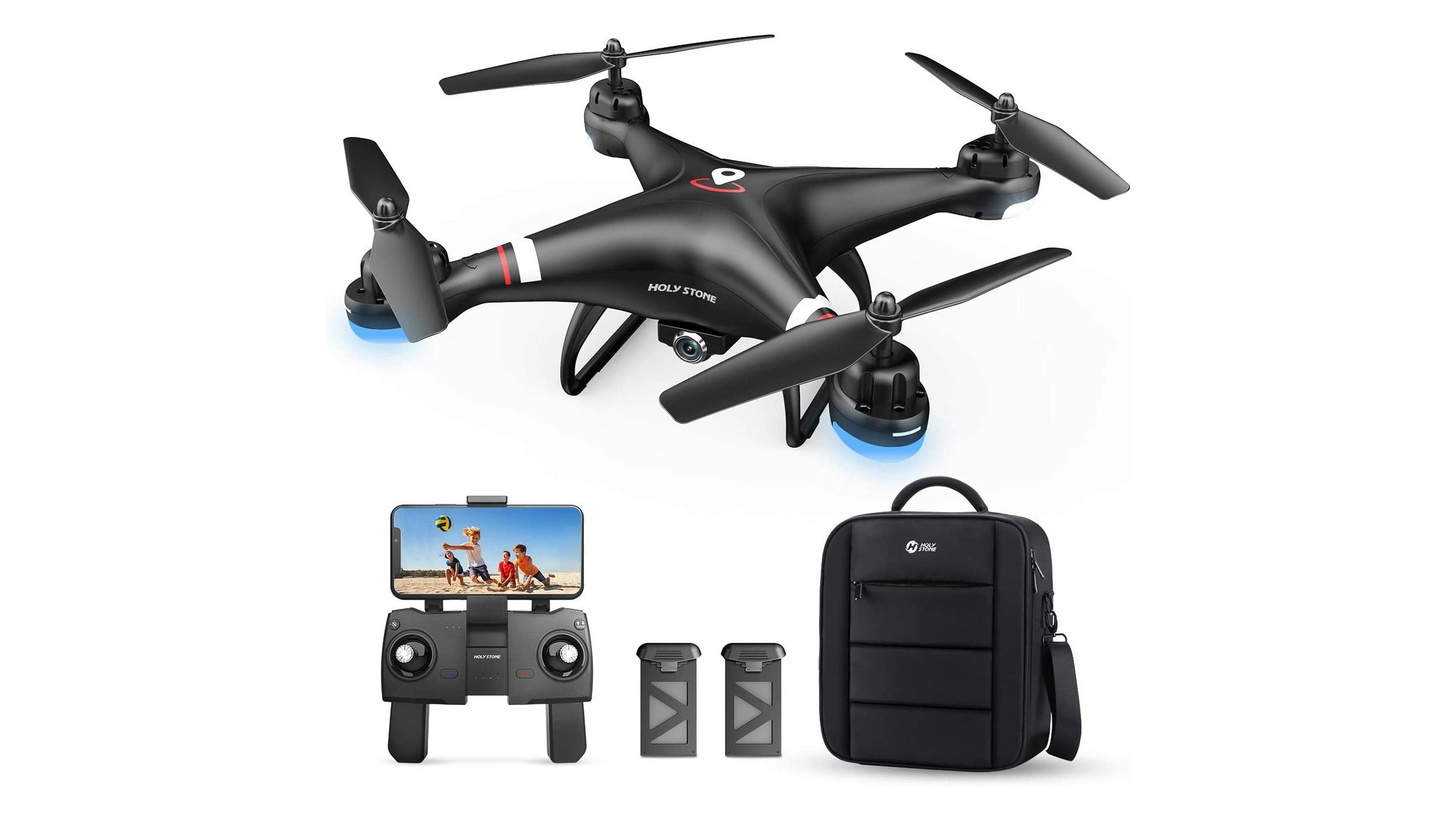 A Holy Stone GPS Drone along with its accessories, one of our favorite Christmas toy deals