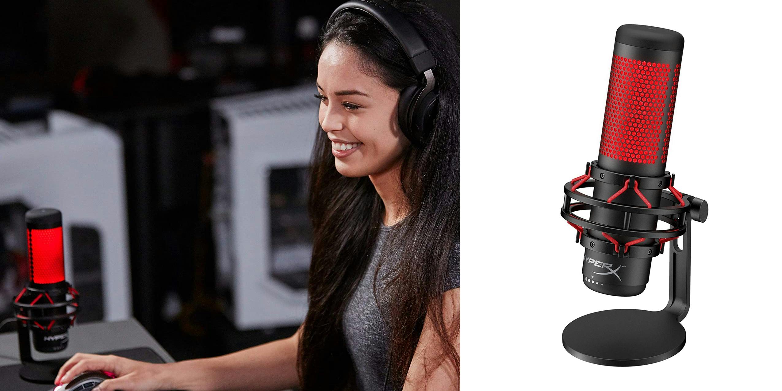 HyperX Quadcast being used be a gamer along with a product image of the microphone.