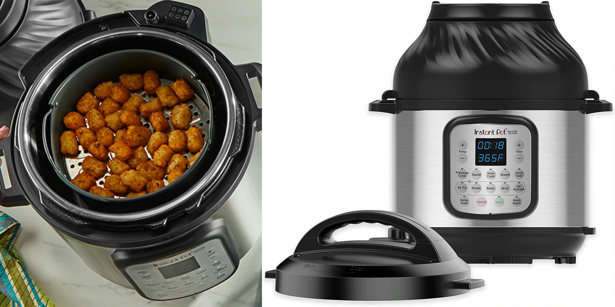 An Instant Pot Duo Crisp filled with tater tots as well as how the product looks like.