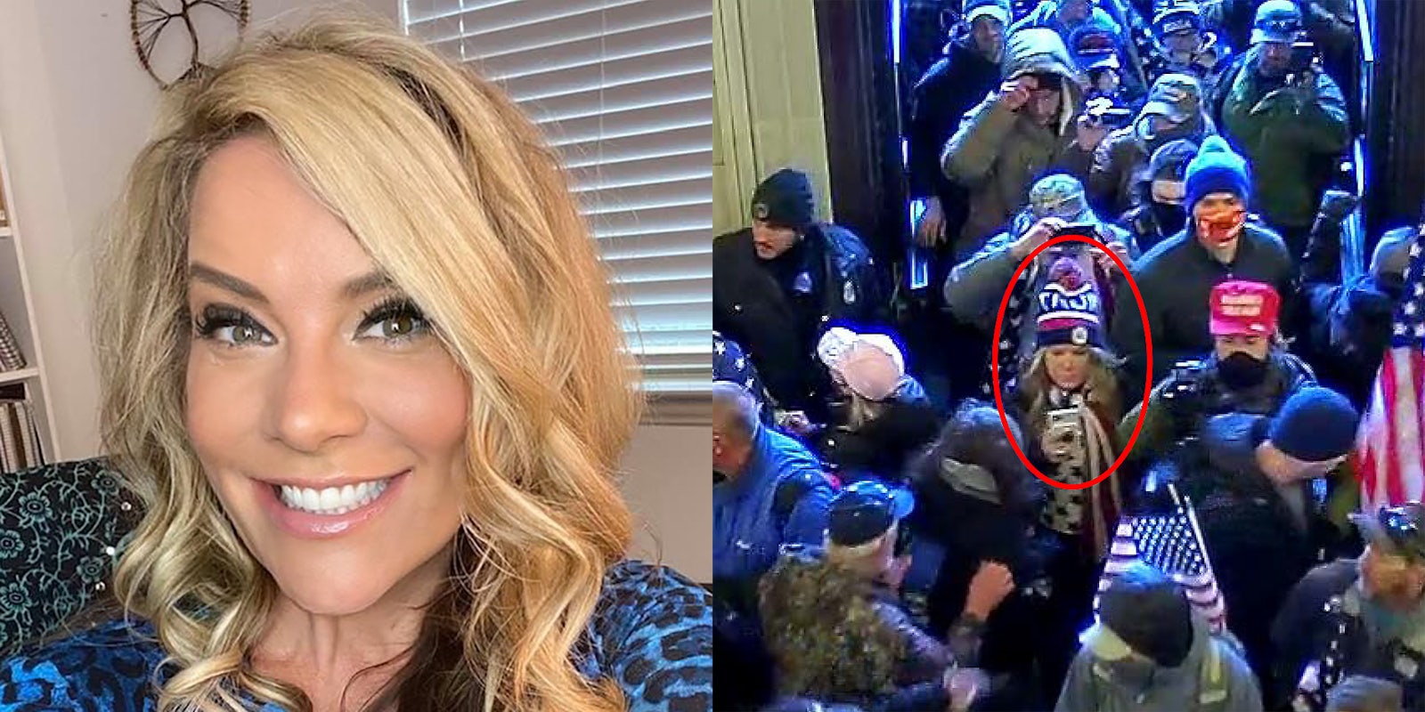 A woman smiling into camera. (L) and people breaking into the capitol (R).