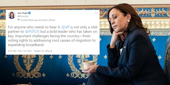 Kamala Harris with eyes closed, holding cup and saucer with @jenpsaki tweet "For anyone who needs to hear it. @VP is not only a vital partner to @POTUS but a bold leader who has taken on key, important challenges facing the country-from voting rights to addressing root causes of migration to expanding broadband."