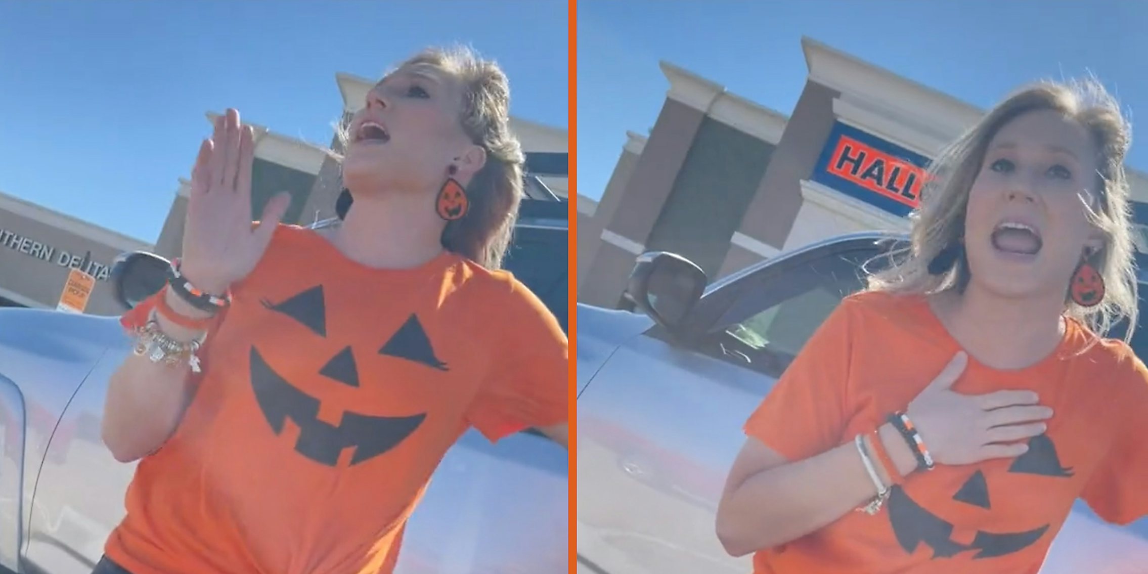 A woman yelling in a parking lot.