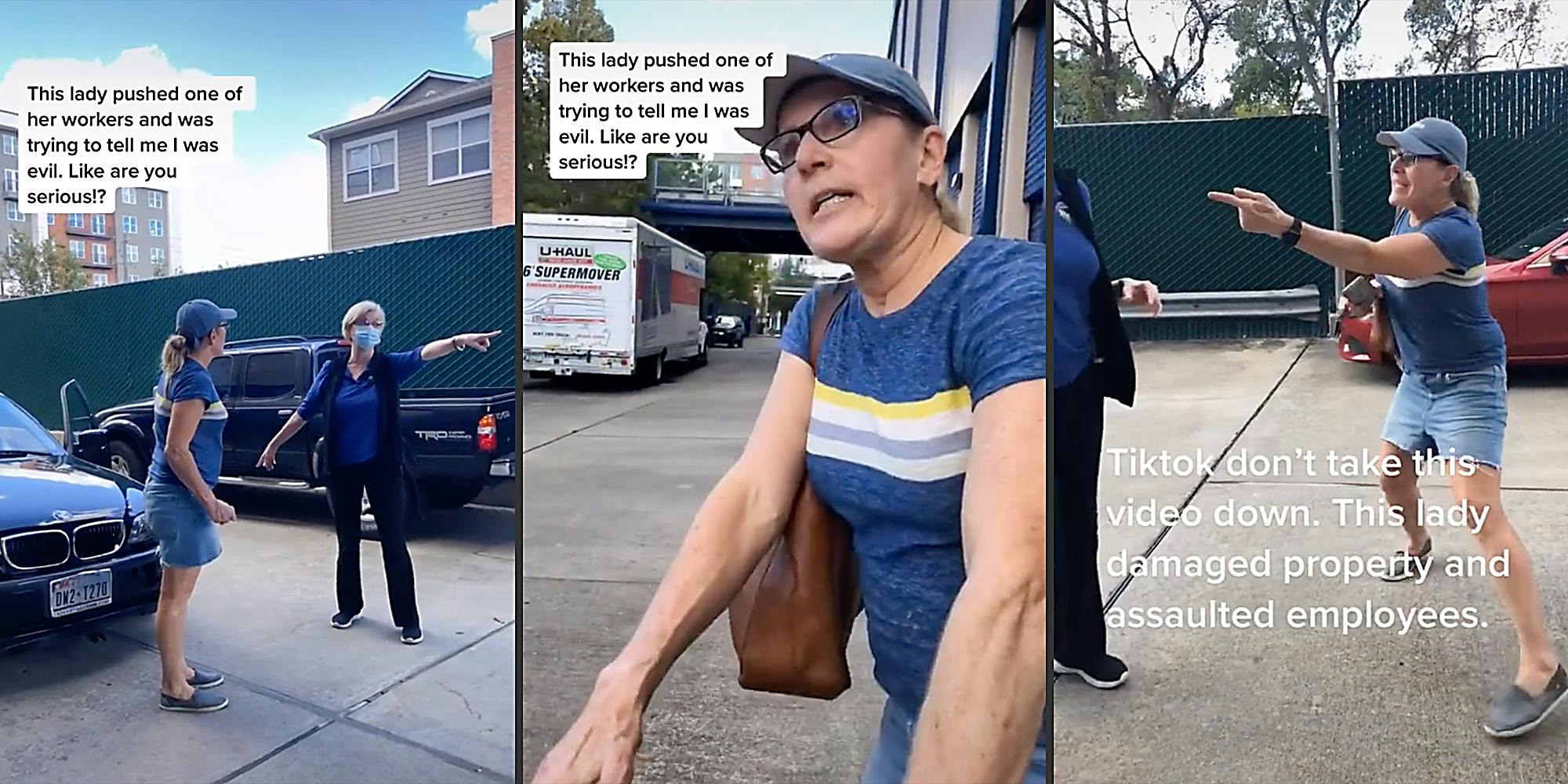 A woman screaming at people in an alleyway.