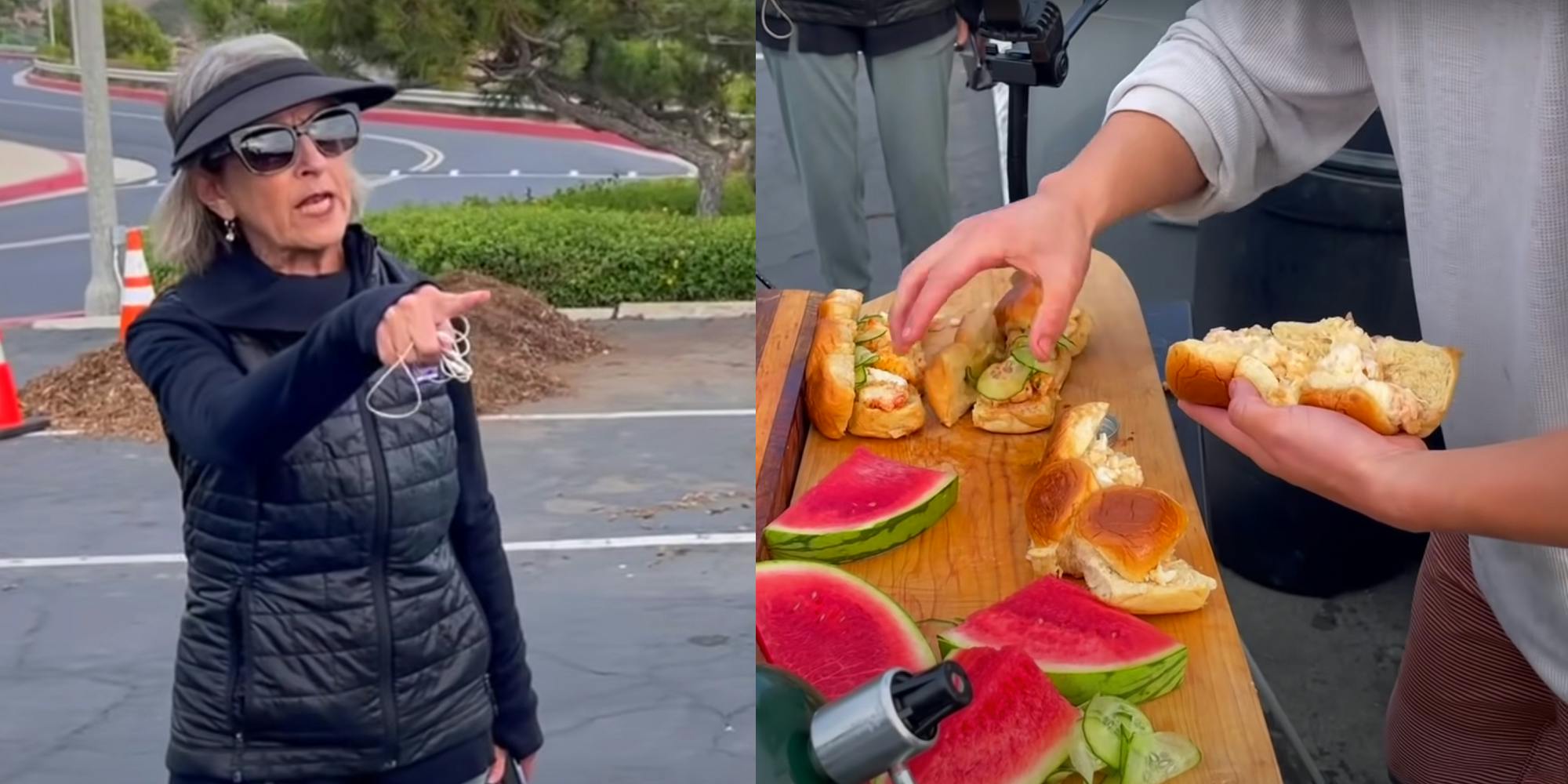 A woman pointing (l) a hand making lobster rolls