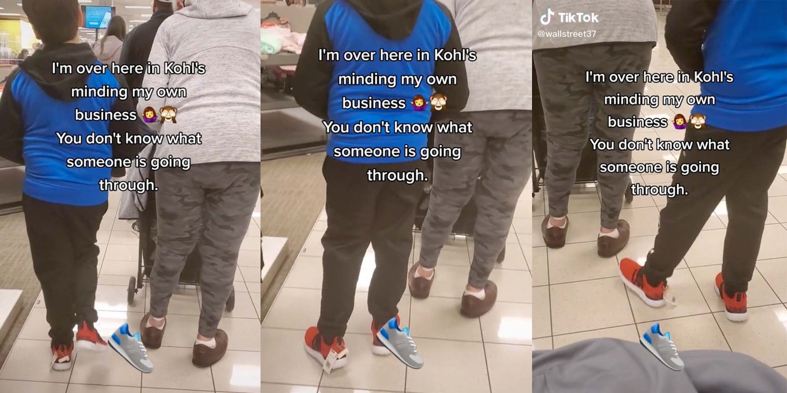 A woman takes a video in Kohl's of a child with tags on his shoes.