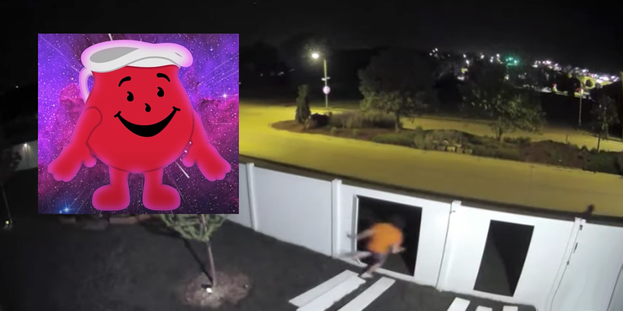 A kid breaking through a fence next to a cartoon Kool-Aid Man