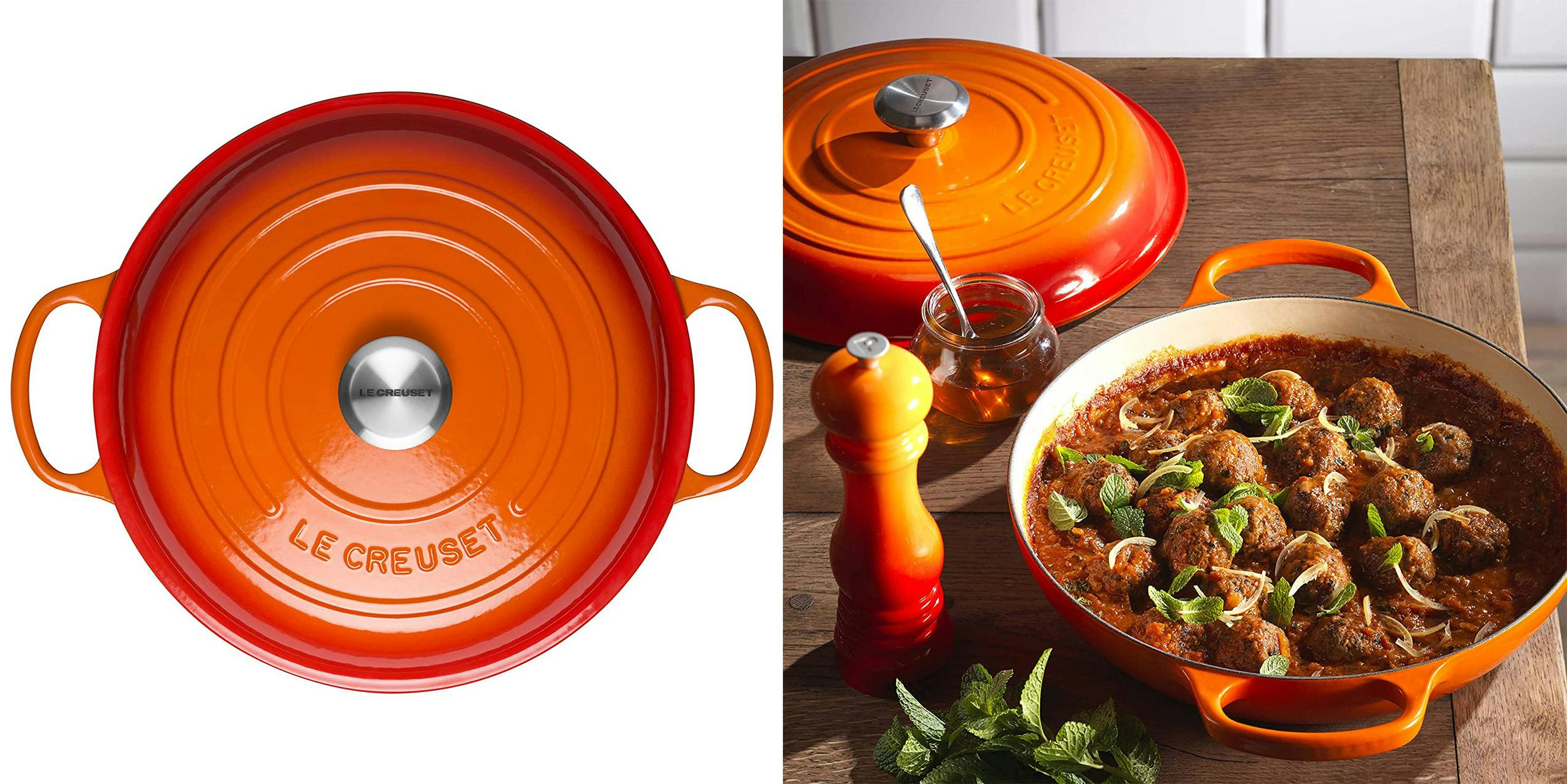 Le Creuset from above along with a lifestyle picture.