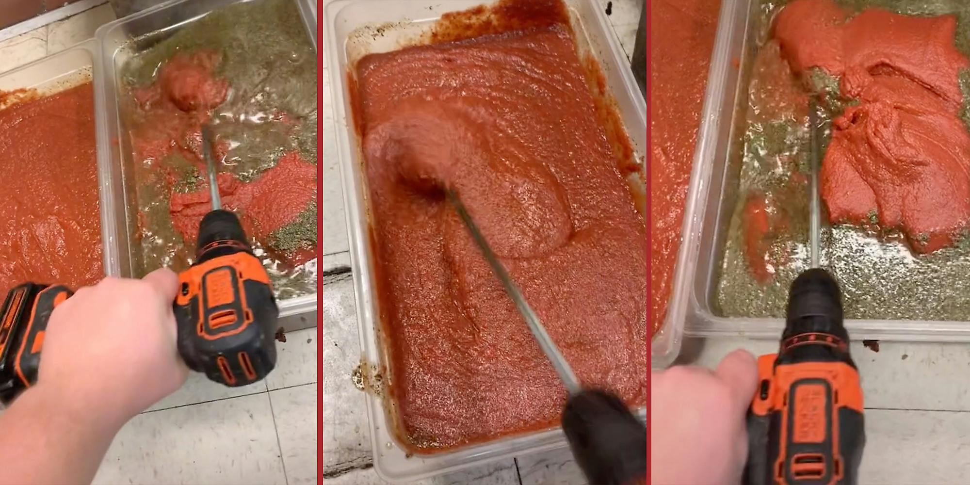 A red sauce being blended with a power drill.