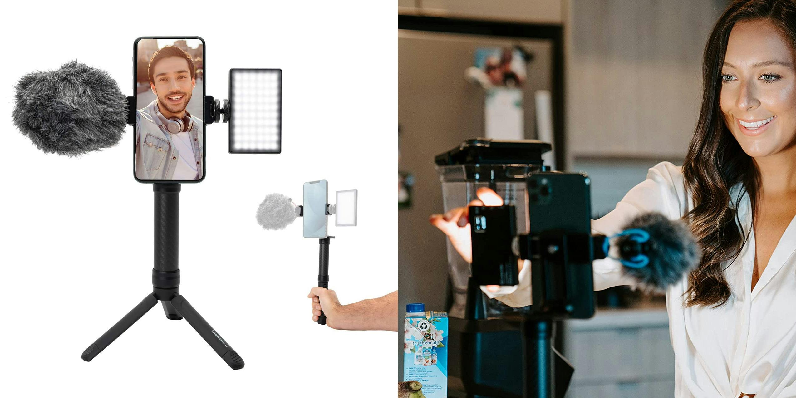 Lume Cube package product image along with a female videographer using the product.