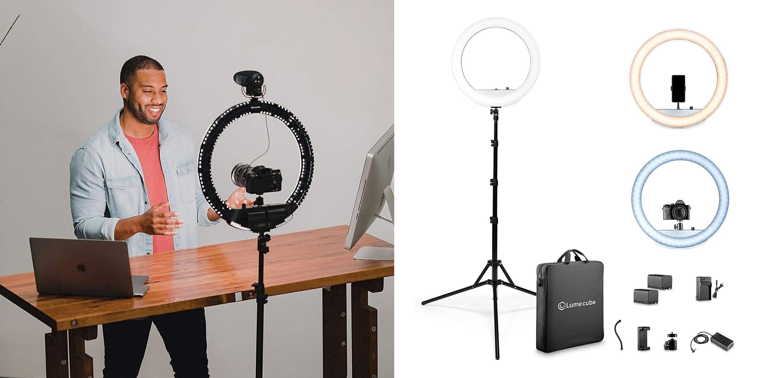 A videographer using the Lime Cube Ring Light to shoot a vlog, along with a product image of the lighting kit.